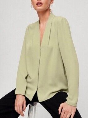 Aritzia Babaton Rena Green Blouse V-Neck Long Sleeve Top